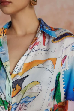 MICAS Long Sleeve Tops|Long Sleeves Tops-Artistic Print Collar Long-Sleeve Shirt BLUE