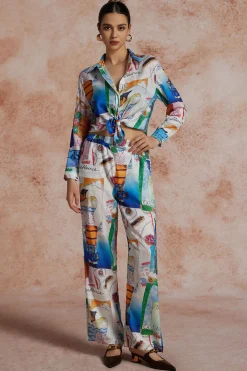 MICAS Long Sleeve Tops|Long Sleeves Tops-Artistic Print Collar Long-Sleeve Shirt BLUE