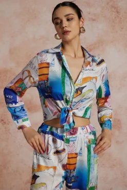 MICAS Pants-Artistic Print Wide Leg Trousers BLUE