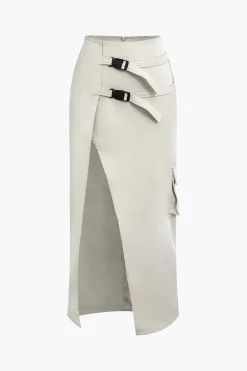 MICAS Skirts-Asymmetric Belted Flap Pocket Split Maxi Skirt BEIGE