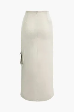 MICAS Skirts-Asymmetric Belted Flap Pocket Split Maxi Skirt BEIGE