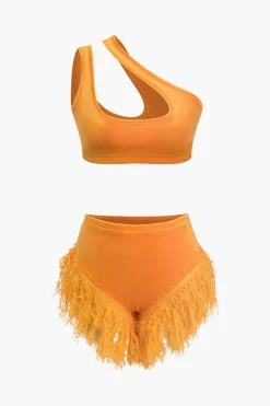 MICAS Short Sets|Vacation Sets-Asymmetric Crop Top And Fringe Shorts Set DARK ORANGE