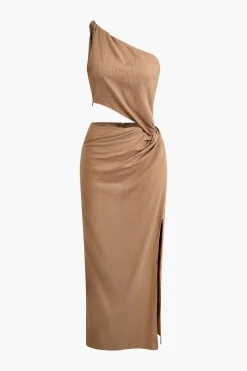 MICAS Maxi Dresses-Asymmetric Cut Out Ruched Twist Slit Maxi Dress TAN