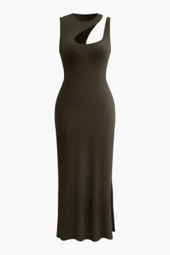 MICAS Midi Dresses-Asymmetric Cut Out Sleeveless Slit Midi Dress COFFEE