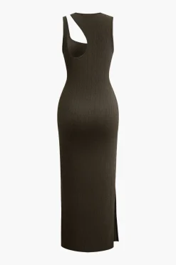 MICAS Midi Dresses-Asymmetric Cut Out Sleeveless Slit Midi Dress COFFEE