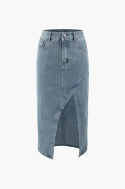 MICAS Skirts-Asymmetric Denim Wrap Slit Skirt LIGHT WASH BLUE