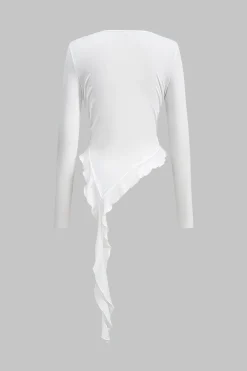 MICAS Long Sleeve Tops|Long Sleeves Tops-Asymmetric Faux Leather Long-Sleeve Top WHITE