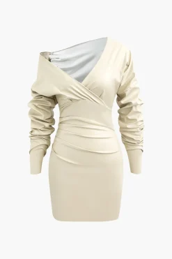 MICAS Long Sleeve Dresses|Mini Dresses-Asymmetric Faux Leather V-neck Gathered Mini Dress