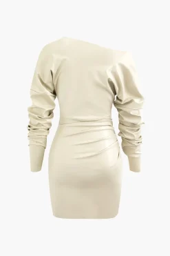 MICAS Long Sleeve Dresses|Mini Dresses-Asymmetric Faux Leather V-neck Gathered Mini Dress