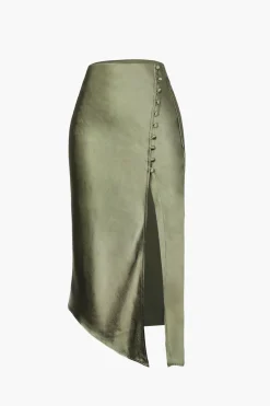 MICAS Skirts-Asymmetric Hem Slit Button Deco Skirt