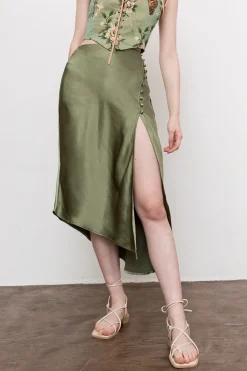 MICAS Skirts-Asymmetric Hem Slit Button Deco Skirt