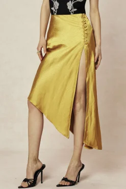 MICAS Skirts-Asymmetric Hem Slit Button Deco Skirt