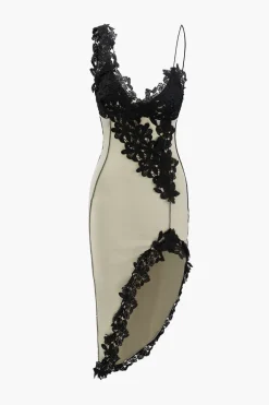 MICAS Midi Dresses-Asymmetric Lace Panel Midi Dress BEIGE