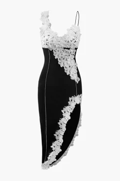 MICAS Midi Dresses-Asymmetric Lace Panel Midi Dress BEIGE