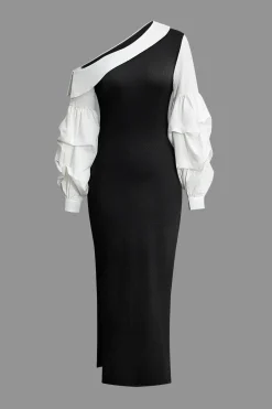 MICAS Long Sleeve Dresses|Maxi Dresses-Asymmetric Lantern Sleeve Slit Midi Dress BLACK