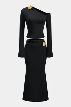 MICAS Skirt Sets-Asymmetric Metal Floral Decor Top And Skirt Set BLACK