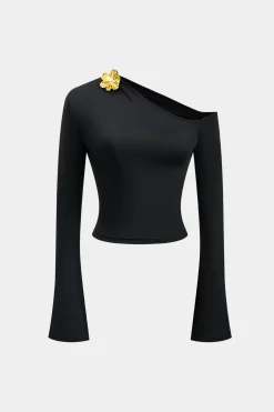 MICAS Skirt Sets-Asymmetric Metal Floral Decor Top And Skirt Set BLACK