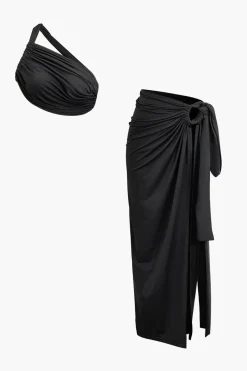 MICAS Skirt Sets-Asymmetric Ruched Cami Top And Tie Split Maxi Skirt Set BLACK