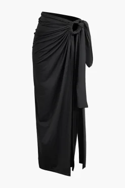 MICAS Skirt Sets-Asymmetric Ruched Cami Top And Tie Split Maxi Skirt Set BLACK