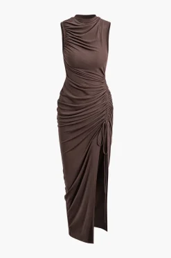 MICAS Maxi Dresses-Asymmetric Ruched Drawstring Slit Sleeveless Maxi Dress