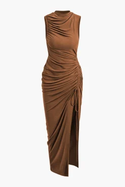MICAS Maxi Dresses-Asymmetric Ruched Drawstring Slit Sleeveless Maxi Dress