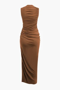 MICAS Maxi Dresses-Asymmetric Ruched Drawstring Slit Sleeveless Maxi Dress