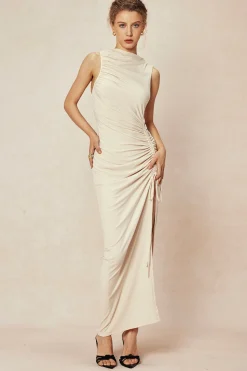 MICAS Maxi Dresses-Asymmetric Ruched Drawstring Slit Sleeveless Maxi Dress