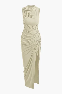 MICAS Maxi Dresses-Asymmetric Ruched Drawstring Slit Sleeveless Maxi Dress