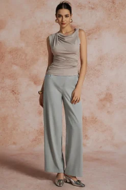 MICAS Pants-Asymmetric Waist Ruched Straight Leg Pants PEARL RIVER