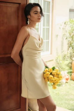 MICAS Mini Dresses-Asymmetrical Cowl Neck Backless Slip Mini Dress BEIGE