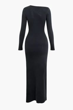 MICAS Knitwear|Knit Dresses-Asymmetrical Cut Out Long Sleeve Slit Knit Maxi Dress BLACK