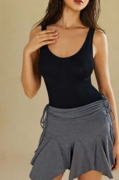 MICAS Skirts-Asymmetrical Drawstring Ruched Mini Skirt GRAY