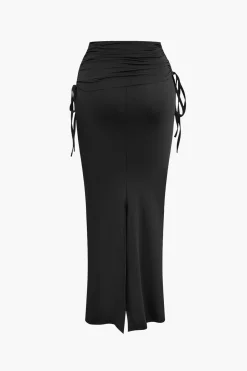 MICAS Skirt Sets|Vacation Sets-Asymmetrical Drawstring Short Sleeve Crop Top And Maxi Skirt Set