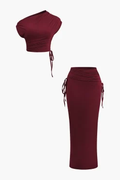 MICAS Skirt Sets|Vacation Sets-Asymmetrical Drawstring Short Sleeve Crop Top And Maxi Skirt Set