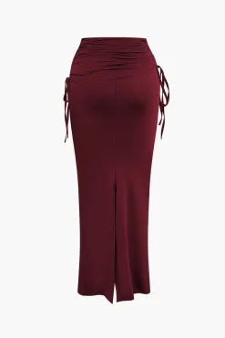 MICAS Skirt Sets|Vacation Sets-Asymmetrical Drawstring Short Sleeve Crop Top And Maxi Skirt Set