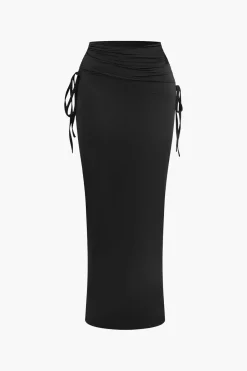 MICAS Skirt Sets|Vacation Sets-Asymmetrical Drawstring Short Sleeve Crop Top And Maxi Skirt Set