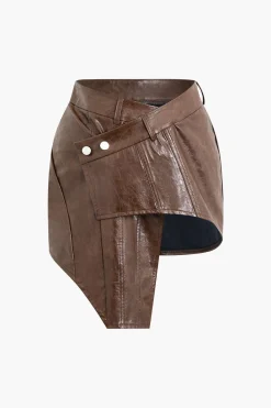 MICAS Skirts-Asymmetrical Faux Leather Mini Skirt COFFEE