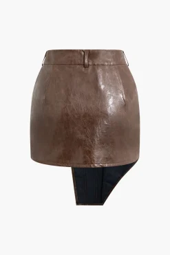 MICAS Skirts-Asymmetrical Faux Leather Mini Skirt COFFEE