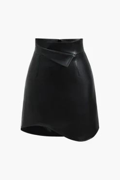 MICAS Skirts-Asymmetrical Faux Leather Skirt BLACK