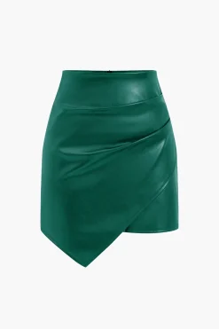 MICAS Skirts-Asymmetrical Faux Leather Ruched Skirt