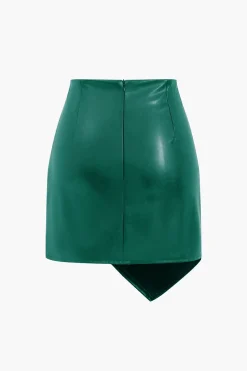 MICAS Skirts-Asymmetrical Faux Leather Ruched Skirt
