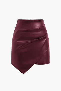 MICAS Skirts-Asymmetrical Faux Leather Ruched Skirt