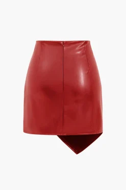 MICAS Skirts-Asymmetrical Faux Leather Ruched Skirt