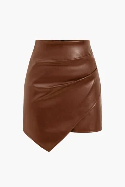 MICAS Skirts-Asymmetrical Faux Leather Ruched Skirt