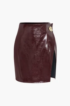 MICAS Skirt Sets-Asymmetrical Faux Leather Skirt Set BURGUNDY