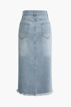 MICAS Skirts-Asymmetrical Frayed Hem Slit Denim Midi Skirt LIGHT WASH BLUE