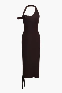 MICAS Midi Dresses-Asymmetrical Halter Cut Out Midi Dress COFFEE