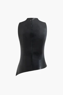 MICAS Tank Tops & Cami-Asymmetrical Hem Faux Leather Mock Neck Ruched Sleeveless Top