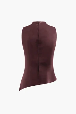 MICAS Tank Tops & Cami-Asymmetrical Hem Faux Leather Mock Neck Ruched Sleeveless Top