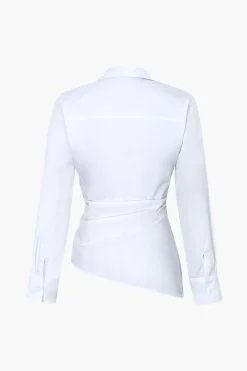 MICAS Long Sleeve Tops|Long Sleeves Tops-Asymmetrical Hem Pleated Shirt WHITE